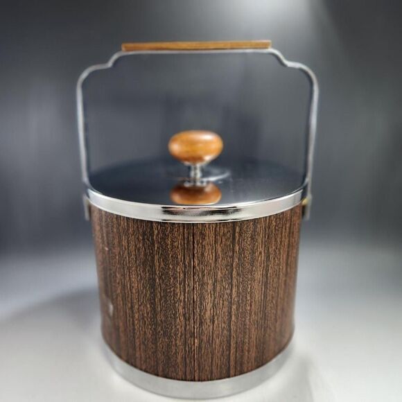 Atapco Chrome Wood Ice Bucket Vintage MCM w Lid Plastic Liner Tongs VTG Barware - Picture 6 of 13